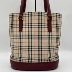 良品 BURBERRY トートバッグ キャンバス レッド ノバチェック 肩掛け
