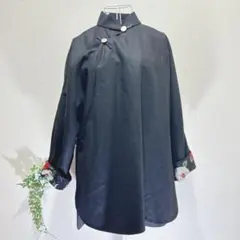 【個性派アウター】チャイナ風デザイン ポンチョコート　黒　花柄裏地