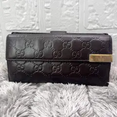 GUCCI シマ GG ロゴプレート 長財布 フラップ レザー ダークブラウン