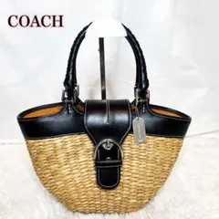美品 COACH コーチ かごバッグ ストロー トートバッグ 本革 レザー 黒
