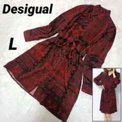 Desigual デシグアル ひざ丈総柄シャツワンピース L レッド Aライン