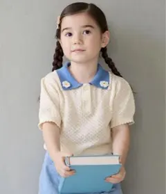 プティマイン フラワー ニット 襟つき 半袖 トップス