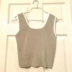 ニットベスト　モスグリーン×ホワイト　Lサイズ　タンクトップ