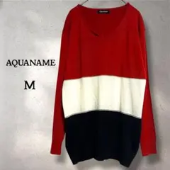 アクアネーム ニット M 赤 レッド 白 黒 配色 Vネック 長袖 セーターのサムネイル
