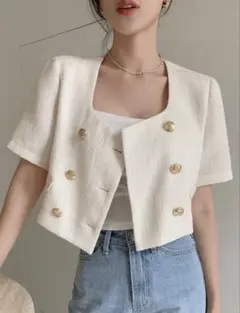 SHEIN DAZY アイボリー ダブルボタン クロップドジャケット　ツイードのサムネイル