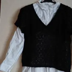 黒 ニット Vネック ベスト 半袖