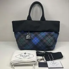 美品 PRADA 2way テスート リバーシブル ブラック×青&緑チェック柄