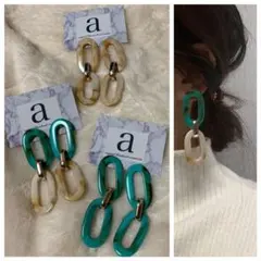 2027-2 ブルー×ベージュ☺︎大理石風2連チェーンとゴールドのピアス☺︎