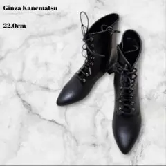 超美品 銀座かねまつ レースアップショートブーツ 22 黒 ブラック