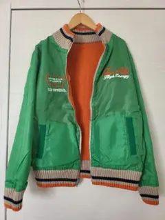 古着☆グリーン&オレンジ刺繍スタジャン リバーシブル Fサイズ