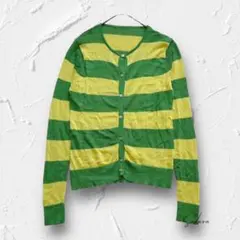 Y5829【ボーダーニットカーディガン】リブ編み 薄手 羽織り 緑×黄 M-L