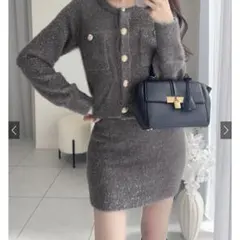 ラメフェザーニットカーディガンメミニスカートセットアップ [kz617]