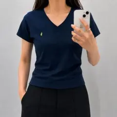 RALPH LAUREN Vネック Tシャツ 刺繍ロゴ ネイビー 短丈 Mのサムネイル