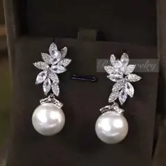 パール★ジルコニアリーフピアスブライダルウェディング結婚式前撮り成人式パーティー