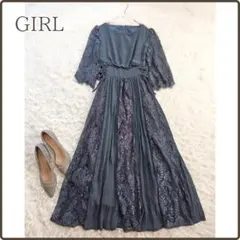 【美品】GIRL レースプリーツドレス ロングワンピース くすみグリーン結婚式