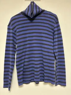 UNIQLO M 青茶ストライプ ハイネック長袖Tシャツ　コットン　ボーダー美品