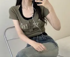 【値下げ】SONA　半袖 リブ Tシャツ カーキのサムネイル