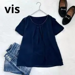 r106【vis】ビス　半袖タックブラウス　ネイビー　シンプル　シフォン