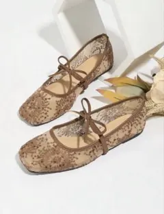shein ブラウンフラットバレエシューズ　スクエアパンプス　リボンのサムネイル