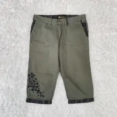 雅結　家紋風和柄ポケット ミリタリーカーキ ハーフパンツ メンズXL 個性派古着