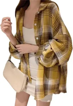 [AUSKY] 上質 シャツ チェック レディース ジャケットボリューム袖イエロ