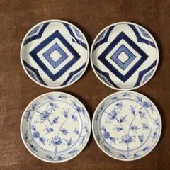 【美品】有田焼 青花 渕上り4寸皿 和食器 4枚セット(江戸紋×2 花唐草×2)のサムネイル
