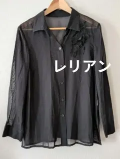 90sヴィンテージ総柄シアーブラウス黒ラメリーフ柄フリル襟リボンY2K 