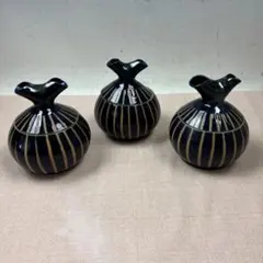 5 沖縄 やちむん 巾着型 蓋物 瑠璃釉 紺色 薬味入れ 小物入れ 陶器