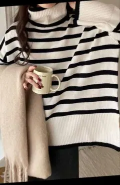 ストライプ タートルネックセーターM