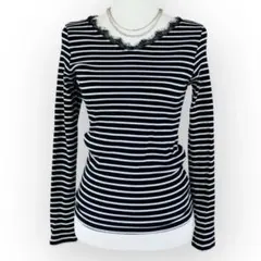 アメリカンホリック ニット リブ ボーダー レース Vネック 黒 白 長袖 M