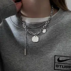 シルバープレートネックレス チェーン 重ね付け風 ストリート