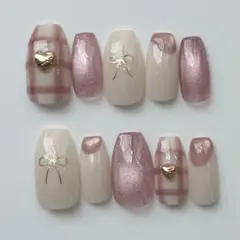 サイズオーダー　ネイルチップ　春　チェック　ちゅるん　韓国風　ニュアンス