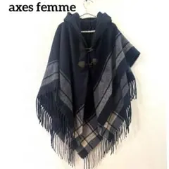 axes femme アクシーズファム フリンジ付き　大判ポンチョ　ネイビー