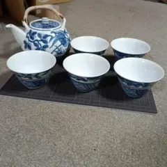 猫*猫様 【10/12迄】青い花柄 急須と茶碗5個セット