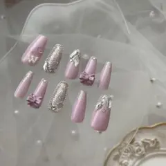 ネイルチップ サイズオーダー 韓国ネイル リボンネイル 埋めつくしネイル