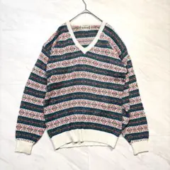 80s 90s Vネック ニット セーター 総柄 レトロ vintage 美品