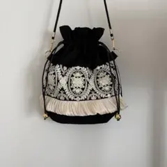 ハンドメイド　インド刺繍リボン巾着袋バック　ブラック系14