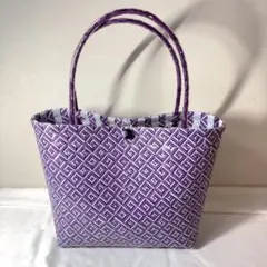 ハンドメイド プラカゴ トートバッグ 紫×白 幾何学模様 PPバンドのサムネイル