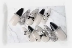 ネイルチップ ワンホン 量産型 スナ系 黒チェック ハート 黒リボン