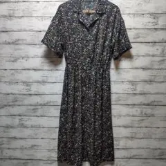 Libby & Rose　オープンカラーロングワンピース　M　黒地花柄　前ボタン