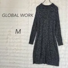 グローバルワーク/ニットワンピース/黒/ミックスニット/長袖/膝丈/綿混