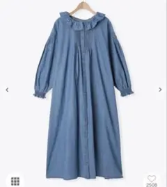 kazumi×Samansa Mos2 フリルカラーワンピース ブルー デニム