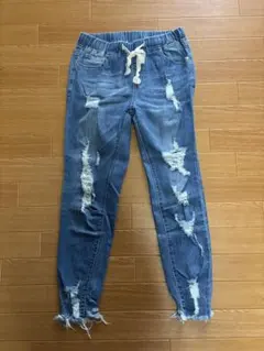 ウエストゴム ストレッチ スキニー ダメージ デニム ライトブルー M