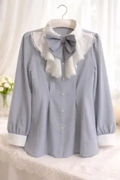フリルブラウス リボン取り外し可 水色 グレー 長袖 レース 1回着用 美品
