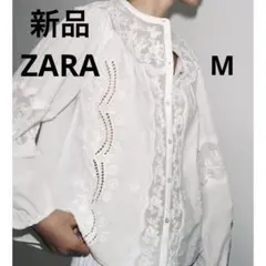 新品ザラZARA刺繍入りホワイトバルーンスリーブシャツ レース白ブラウスM