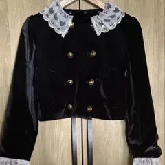 スカラップビジューアタッチドジャケット　ベロアジャケット ショート丈 レース襟