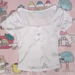 ピチT スクエアネック 半袖 Tシャツ ホワイト スナップボタン JK 韓国