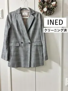 INEDクリーニング済グレンチェック　テーラードジャケットグレーウール混　9春先