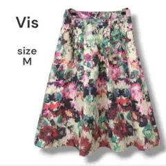 美品　ViS　花柄ロングフレアスカート　M　マルチカラー　一部ゴム　レッド