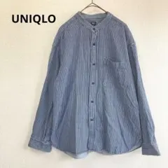 UNIQLO ユニクロ ダンガリーシャツ ノーカラー ストライプ ネイビー Mのサムネイル